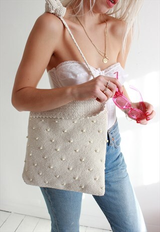 VINTAGE 90S WHITE COTTON BEADED TOTE BAG