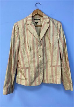 Vintage Blazer Jacket Beige Pink Stripe Floral Acetate 