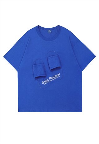 SLIPPERS PATCH T-SHIRT Y2K UNUSUAL TEE RETRO TOP IN BLUE