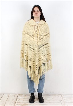 Handmade Wool Cable Knit Poncho Cape White Cloak Over Coat