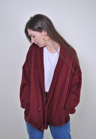 80S RED KNIT CARDIGAN, VINTAGE OVERSIZE HIPSTER SWEATER