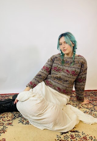 VINTAGE CHUNKY KNITTED 90S FLORAL COTTAGE BOHO JUMPER