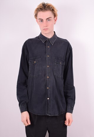 WAMPUM MENS VINTAGE DENIM SHIRT MEDIUM BLACK 90'S