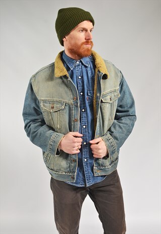 VINTAGE GREY BLUE DISTRESSED LINED SHERPA DENIM JACKET