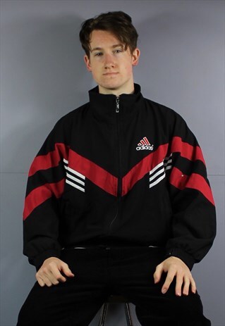 VINTAGE ADIDAS WINDBREAKER JACKET IN BLACK AND RED WITH ZIP