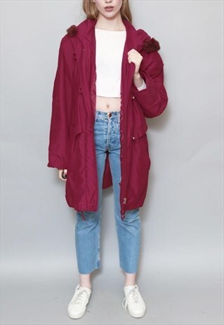VINTAGE 1990'S MAROON SOFT COSY PARKA COAT