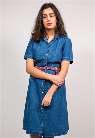 90'S VINTAGE BELTED BUTTON FRONT DENIM MIDI DRESS