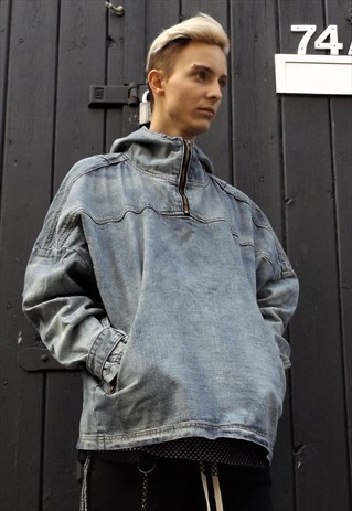 LOOSE FIT OVERSIZE DENIM HOODIE JEAN DROP SHOULDER JACKET