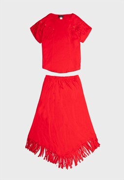 Red '80s shoulder pads fringed short sleeved top & skirt set
