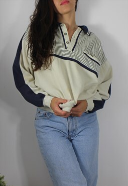 Vintage Sweatshirt Jumper in Navy & Cream Stripe & Collar