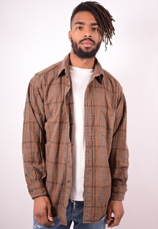 MENS VINTAGE FLANNEL SHIRT XL BROWN CHECK 90S