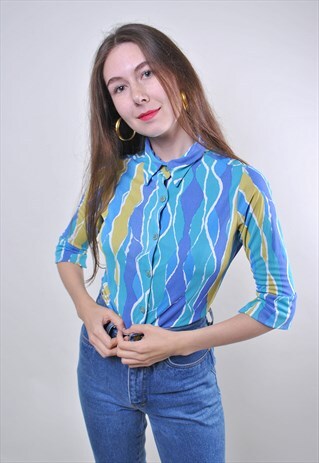 80S MULTICOLOR WOMAN STRIPED HOLIDAY RAVE BLOUSE
