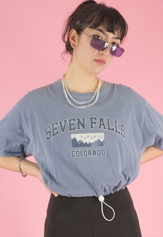 VINTAGE REWORKED CROP TOP IN FADED BLUE WITH COLORADO PRINT