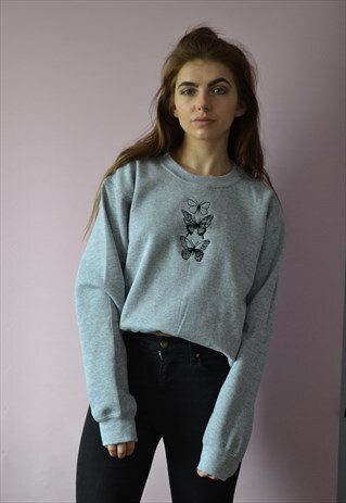 EMBROIDERED TRIO OF BUTTERFLIES GREY SWEATER