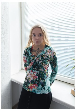 VINTAGE 90'S MULTI COLOUR FLOWER RING DETAIL TOP