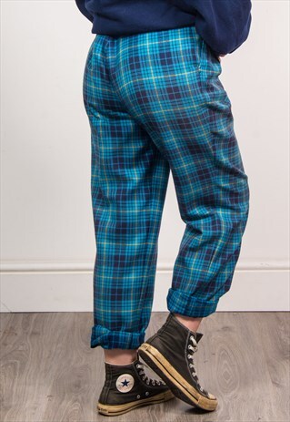 LACOSTE VINTAGE BLUE CHECKED HIGH WAIST TARTAN TROUSERS