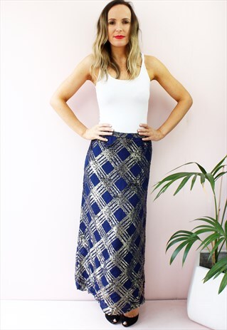 VINTAGE 80'S NAVY GOLD METALLIC A LINE MAXI SKIRT