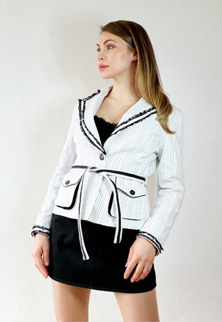 Y2K BLAZER VINTAGE SUIT JACKET FRAYED HEM UTILITY WHITE