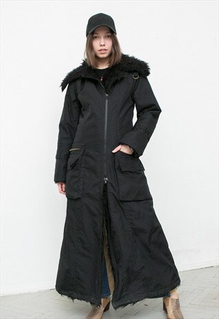 VINTAGE BLACK MAXI PARKA COAT OVERSIZED HOODED WINDBREAKER