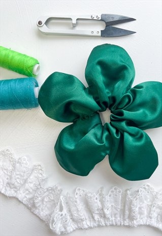 BOTTLE GREEN SATIN OVERSIZE FLOWER SCRUNCHIE