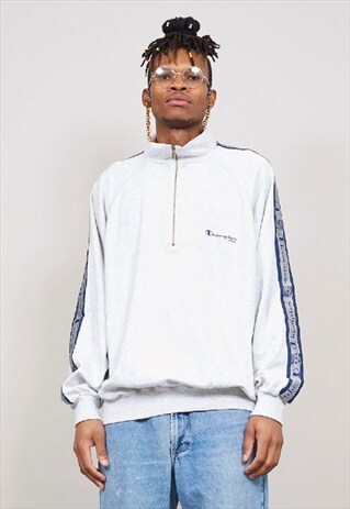 VINTAGE 90'S CHAMPION USA TAPE MARL GREY ZIP-UP SWEATER