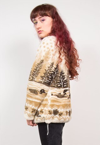 90'S BROWN OUTDOORS DUCK PRINT TEDDY FLEECE JACKET