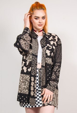 90'S VINTAGE MONOCHROME FLORAL PATTERN SHIRT