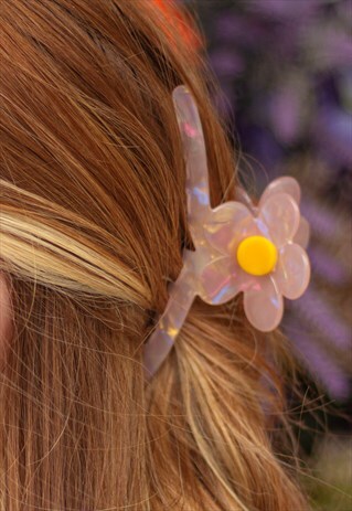 Pink Flower Detail Long Claw Hair Clip