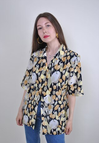 RETRO FLOWERS BLOUSE, 80S SUMMER WATERCOLOR PRINT SHIRT