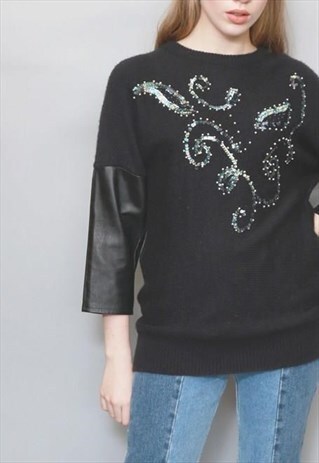 VINTAGE 1980'S BLACK SEQUIN LEATHER BATWING SLEEVE JUMPER