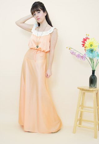 VINTAGE 70S PEACH LACE SLEEVELESS WEDDING OCCASION DRESS