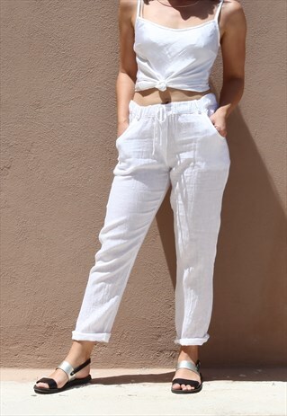 CREAM WHITE PURE SOFT LINEN STRAIGHT HIGH WAIST CARGO PANTS