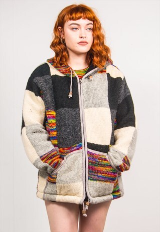 VINTAGE 90'S GRUNGE PATCHWORK PATTERN THICK ZIP CARDIGAN