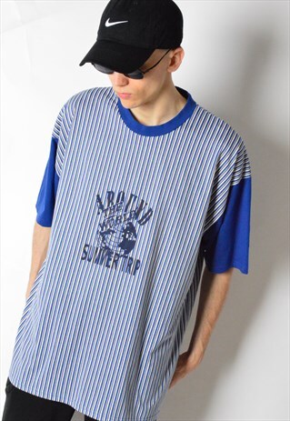 VINTAGE 90S BLUE STRIPED TRAVEL FESTIVAL SUMMER T-SHIRT