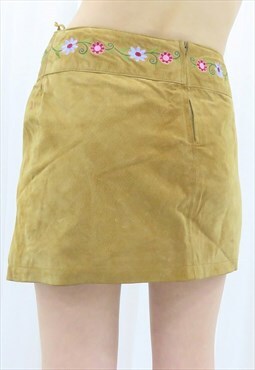 Y2K Vintage Beige Floral Embroidered Suede Mini Skirt