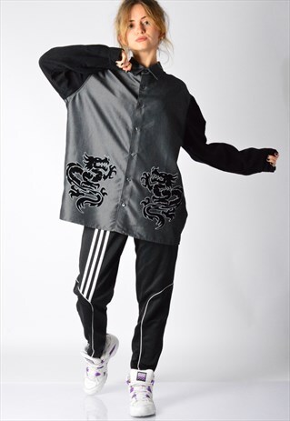 VINTAGE GREY BLACK Y2K DRAGON SHIRT