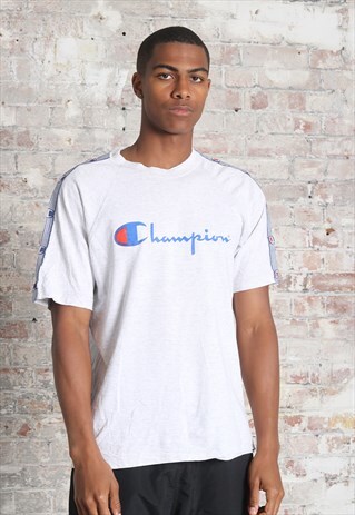 VINTAGE CHAMPION TAPE LOGO SPELLOUT T-SHIRT GREY