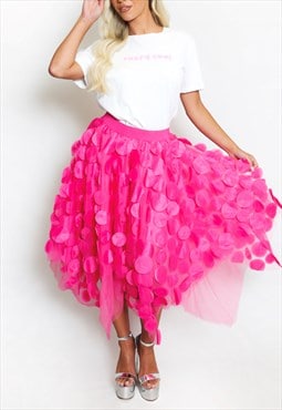 Circular Applique Tulle Midi Skirt In Pink