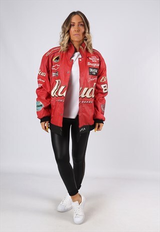 LEATHER BOMBER JACKET RACING OVERSIZED NASCAR UK 18 (C1F)