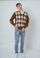 Vintage Minimal Argyle Patterned Wool Sweater in Brown S