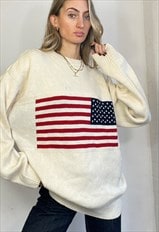 Vintage Y2k American Flag Knitted Sweater Jumper Cream USA