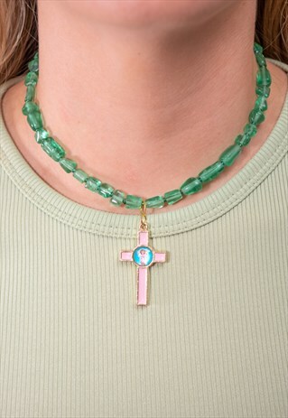 VINTAGE GREEN GLASS NECKLACE WITH PINK CROSS