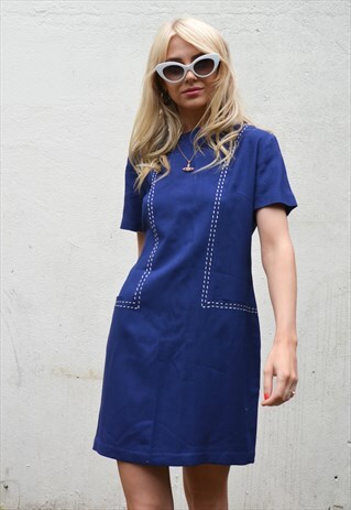 VINTAGE 70S NAVY BLUE SHORT SLEEVE MOD MINI DRESS
