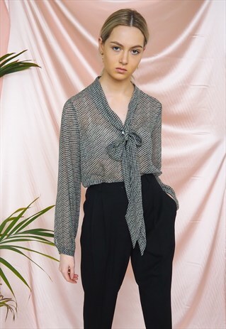 VINTAGE PATTERNED BUTTON UP PUSSY BOW BLOUSE
