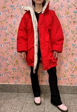 Vintage 90s 1990s Ski Winter Jacket Oversize Long Red And Wh