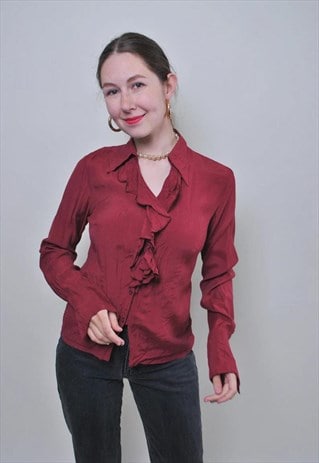 Vintage red ruffled blouse, evening long sleeve shirt 