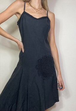 Vintage Y2K Linen Midi Dress Asymmetric Black Slip Summer