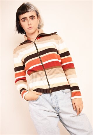 Y2K RETRO ESPRIT ATHLEISURE STRIPED KNITTED CARDIGAN