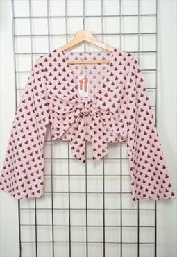 Vintage 00s Cropped Tie Front Top Reworked Pink Size S/M