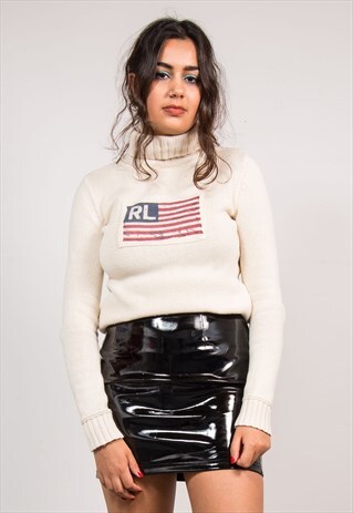 90'S VINTAGE CREAM RALPH LAUREN ROLL NECK KNIT JUMPER